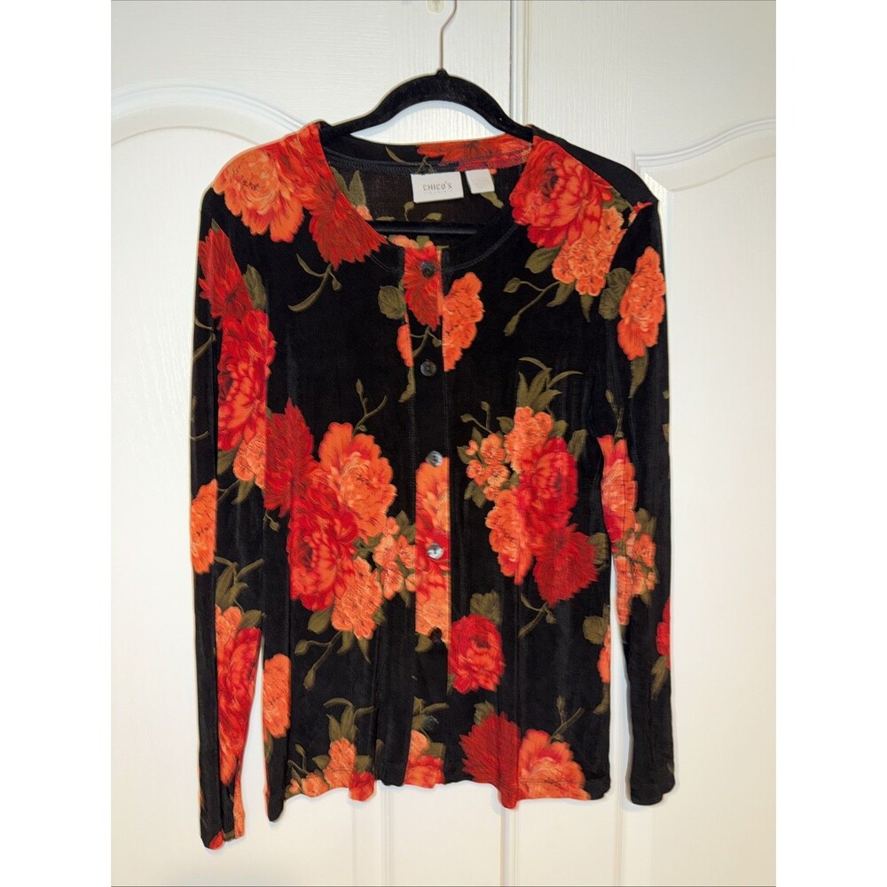 VTG Chico's Travelers Top Sz 1 M Floral Black Orange Slinky Knit Stretch USA
